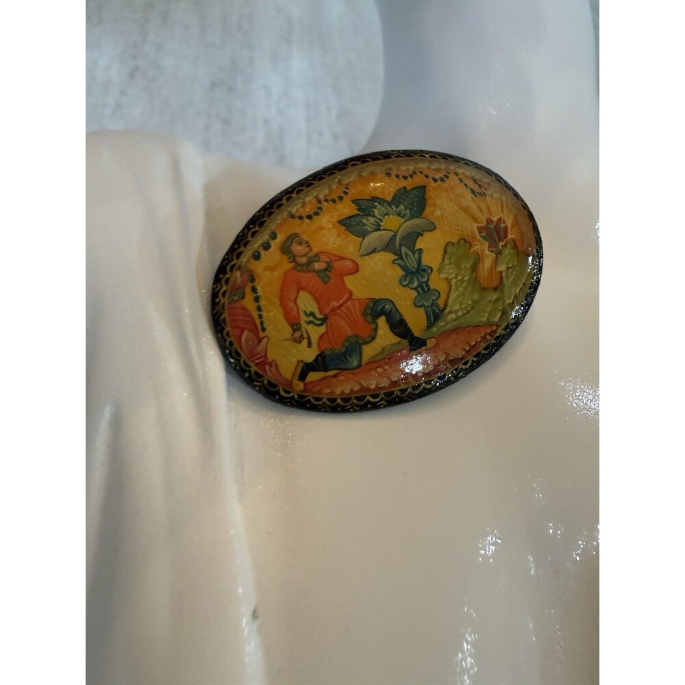 Vintage Mstyora Russian Lacquer Brooch Signed Golubyov Danila Craftsman Flower - Picture 8 of 10
